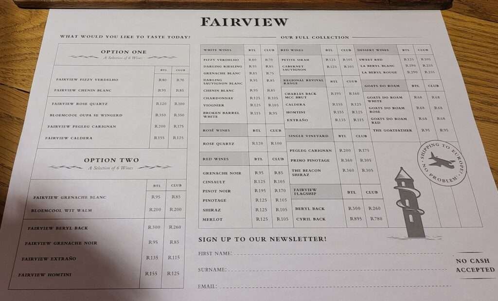 Wine tasting menu at Fairview Wine Estate