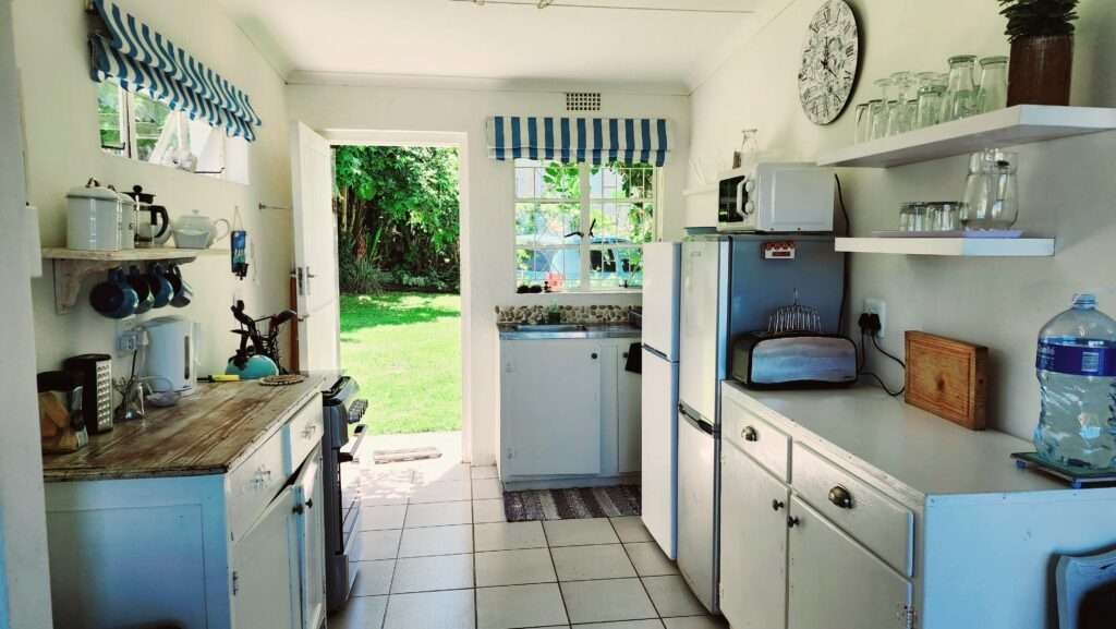 the kitchen at Nautical Beach Cottage