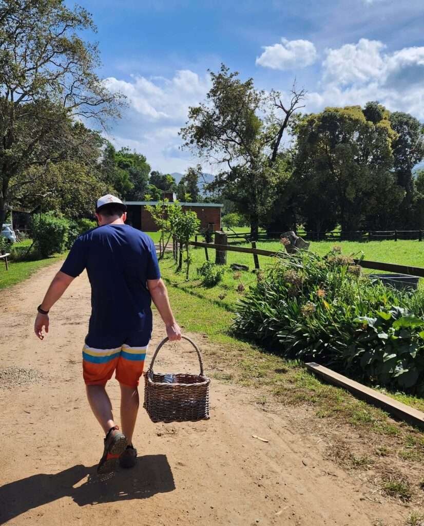 Walking with fresh farm produce from Nature's Way Farm Stalll