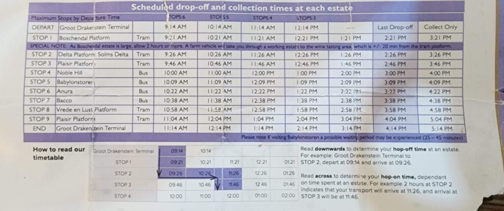 The Franschhoek Wine Tram Time Table